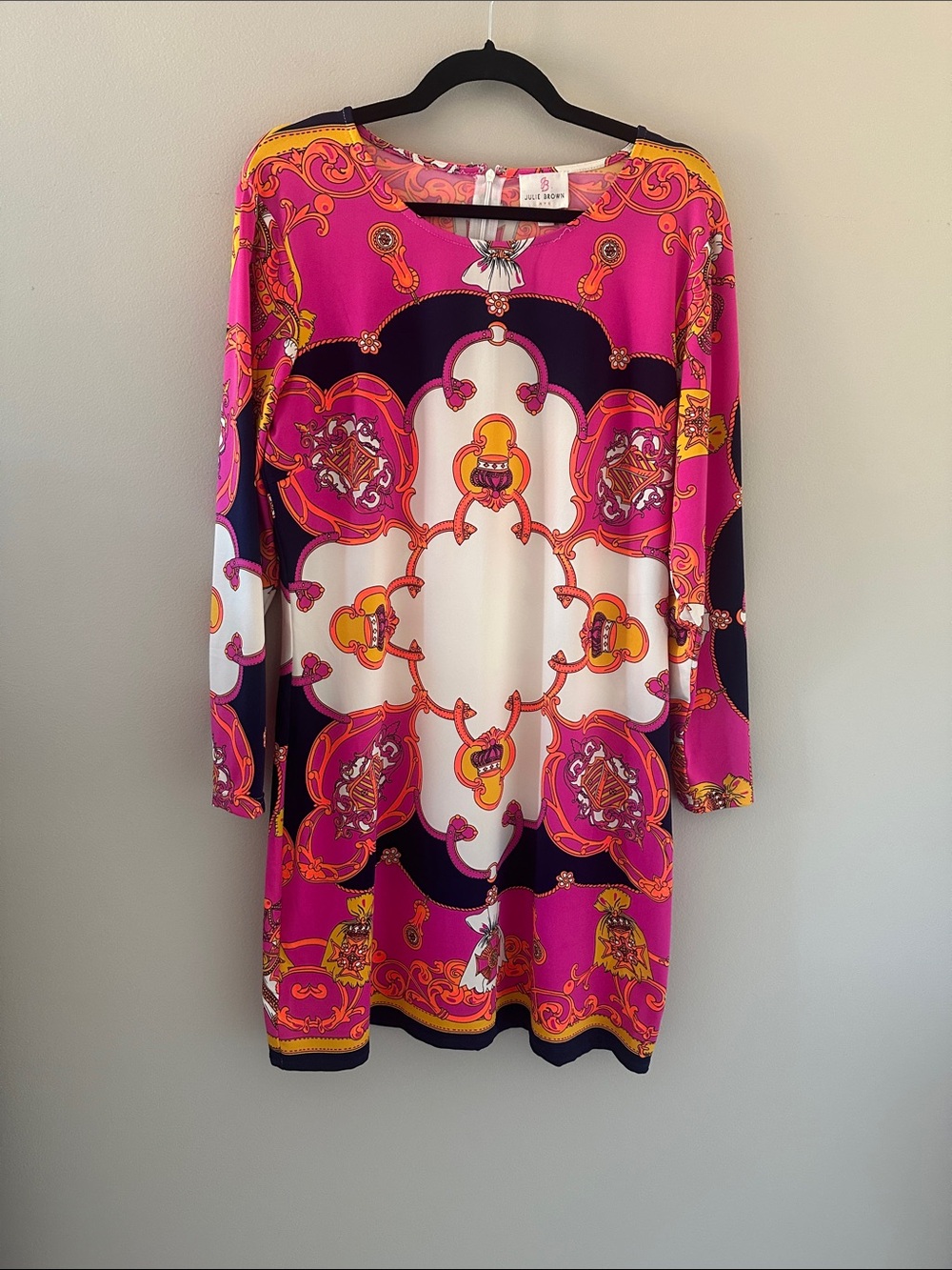 Julie Brown Pink and White Baroque-Print Long Sleeve Shift Dress Size XL Preppy